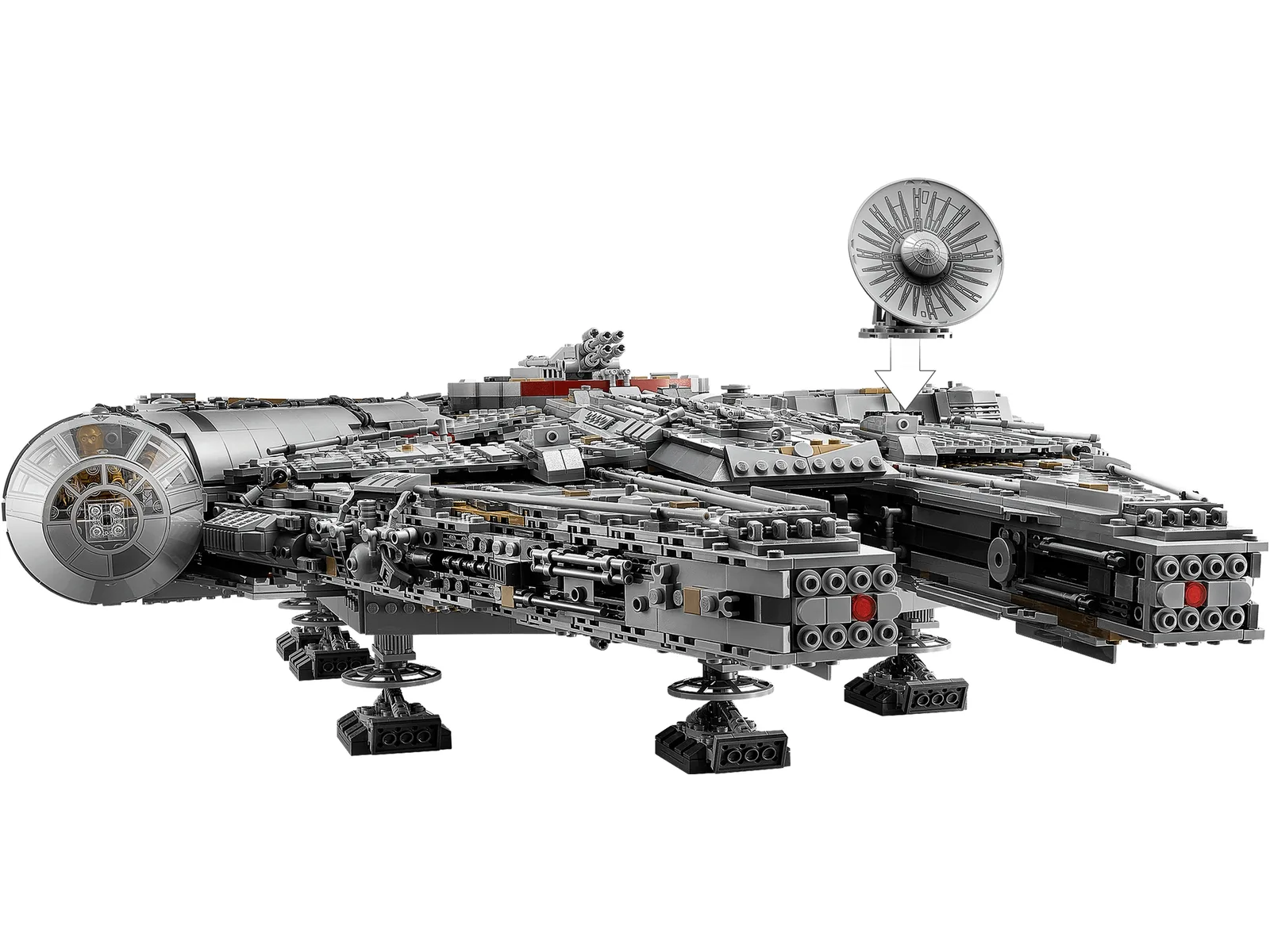 LEGO® Star Wars Millennium Falke, Set 75192 — großes graues Modell mit rundem Cockpit links, Landestützen und abnehmbarer runder Sensorenschüssel.
