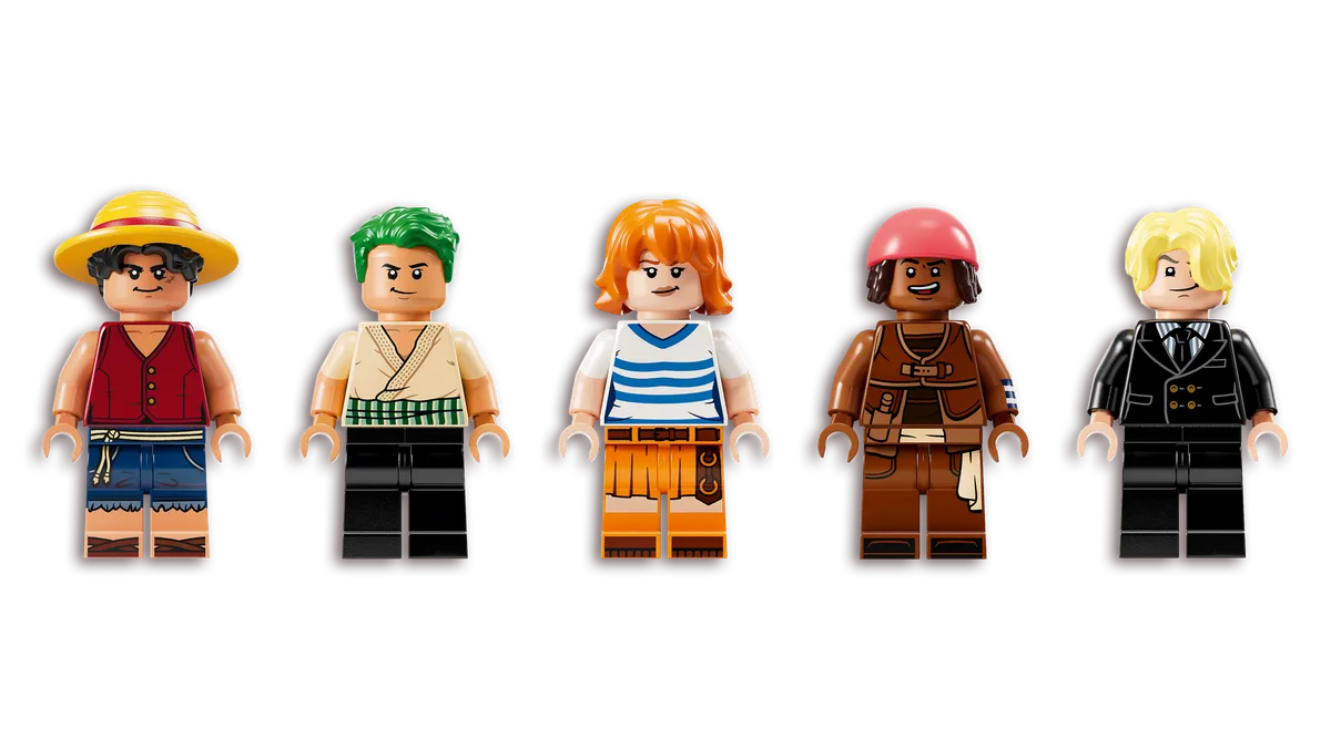 Die fünf Minifiguren aus Set 75639 nebeneinander: Ruffy, Zorro, Nami, Lysop und Sanji