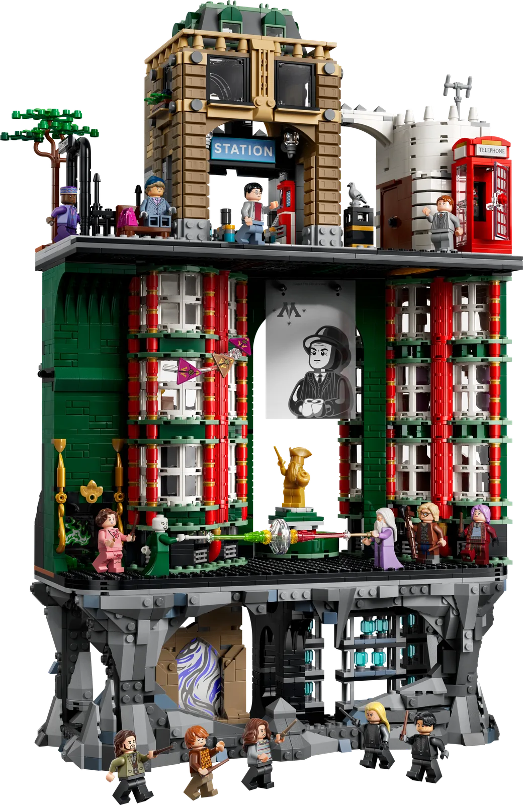 LEGO® Harry Potter Das Zaubereiministerium Sammleredition, Set 76476 — mehrstöckiges Modell mit Straßenszene, roter Telefonzelle und Ministeriumsräumen.